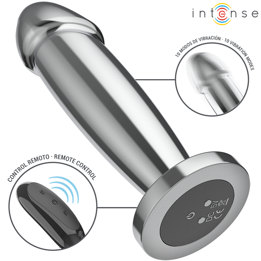 INTENSE - PLUG ANAL 10 VIBRACIONES METAL EN FORMA DE DILDO CON CONTROL REMOTO M - Imagen 3